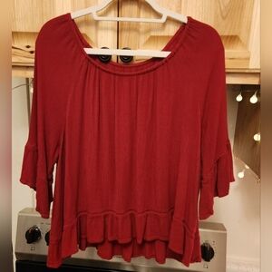 GNW Romantic Flowy Red/Fuschia Hippie 3/4 Flare-Sleeve Top Sz Large